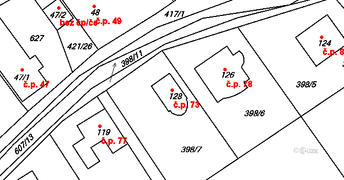 Raková 73 na parcele st. 128 v KÚ Raková u Rokycan, Katastrální mapa