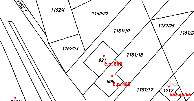 Bořetice 508 na parcele st. 921 v KÚ Bořetice u Hustopečí, Katastrální mapa