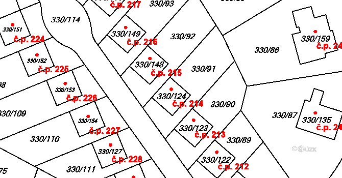 Hlušovice 214 na parcele st. 330/124 v KÚ Hlušovice, Katastrální mapa
