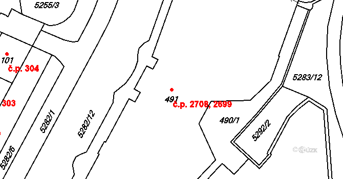 Východní Předměstí 2699,2708, Plzeň na parcele st. 491 v KÚ Plzeň, Katastrální mapa