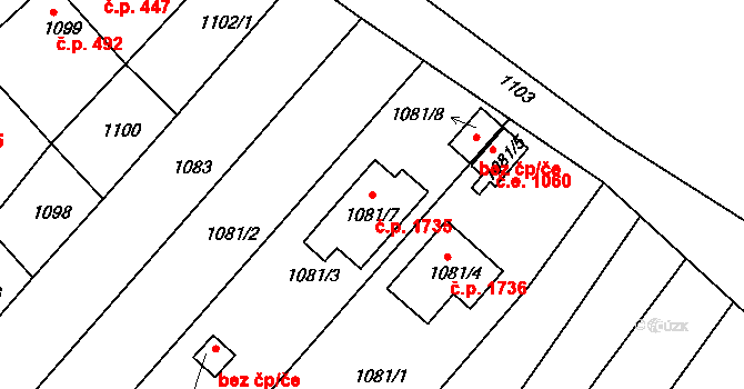 Kuřim 1735 na parcele st. 1081/7 v KÚ Kuřim, Katastrální mapa