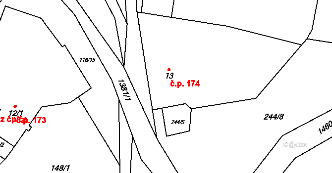 Tylov 174, Lomnice na parcele st. 13 v KÚ Tylov, Katastrální mapa