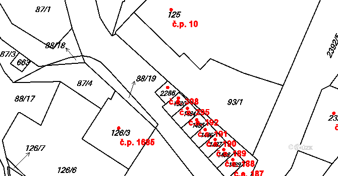 Rosice 308 na parcele st. 2286 v KÚ Rosice u Brna, Katastrální mapa