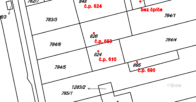 Tlumačov 610 na parcele st. 824 v KÚ Tlumačov na Moravě, Katastrální mapa