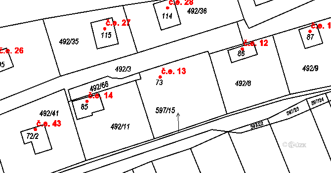 Orasice 13, Počedělice na parcele st. 73 v KÚ Orasice, Katastrální mapa