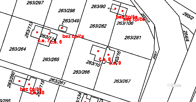 Malé Březno 8 na parcele st. 263/10 v KÚ Malé Březno, Katastrální mapa