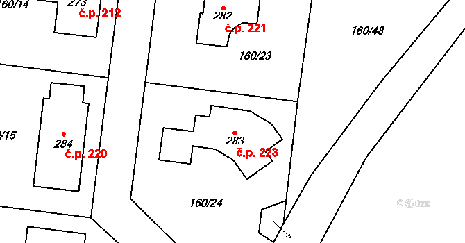 Zbuzany 223 na parcele st. 283 v KÚ Zbuzany, Katastrální mapa