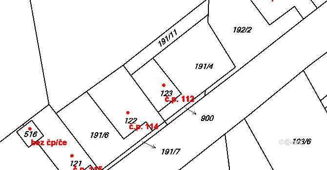Břehy 112 na parcele st. 123 v KÚ Břehy, Katastrální mapa