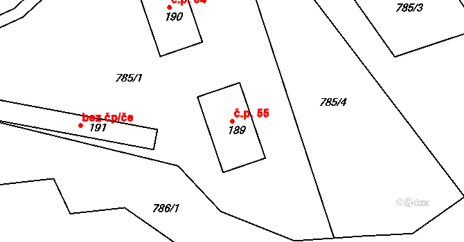 Bušín 55 na parcele st. 189 v KÚ Bušín, Katastrální mapa