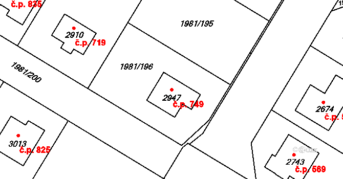 Litice 749, Plzeň na parcele st. 2947 v KÚ Litice u Plzně, Katastrální mapa