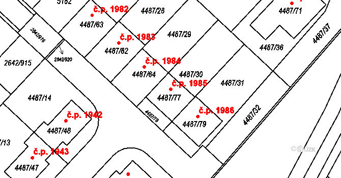 Kuřim 1985 na parcele st. 4487/77 v KÚ Kuřim, Katastrální mapa
