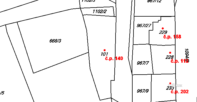 Husinec 140 na parcele st. 101 v KÚ Husinec, Katastrální mapa