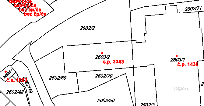 Teplice 3343 na parcele st. 2603/2 v KÚ Teplice, Katastrální mapa