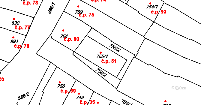 Kamenice nad Lipou 51 na parcele st. 755/1 v KÚ Kamenice nad Lipou, Katastrální mapa