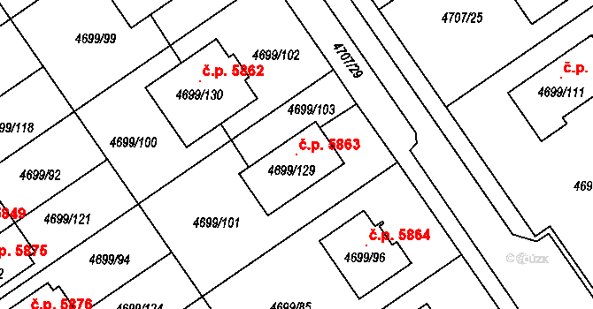 Chomutov 5863 na parcele st. 4699/129 v KÚ Chomutov I, Katastrální mapa