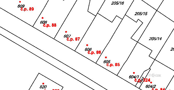Hrádek 86 na parcele st. 606 v KÚ Hrádek u Znojma, Katastrální mapa