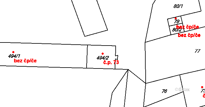 Dalovice 73 na parcele st. 494/2 v KÚ Dalovice, Katastrální mapa