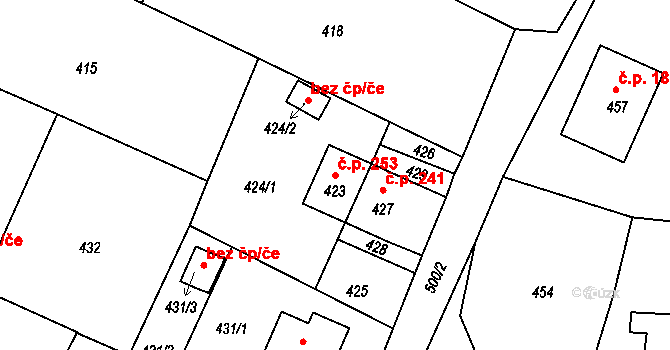 Žandov 253 na parcele st. 423 v KÚ Žandov u České Lípy, Katastrální mapa