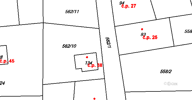 Jivina 38, Vlastibořice na parcele st. 134 v KÚ Vlastibořice, Katastrální mapa