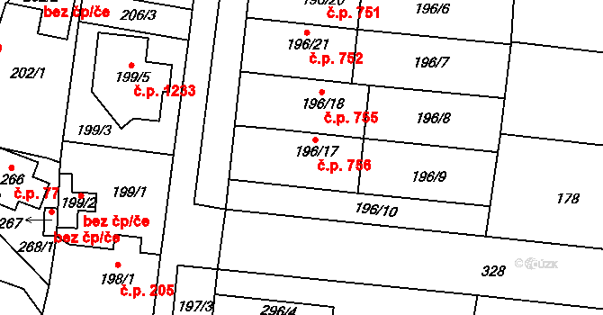 Kosmonosy 756 na parcele st. 196/17 v KÚ Kosmonosy, Katastrální mapa