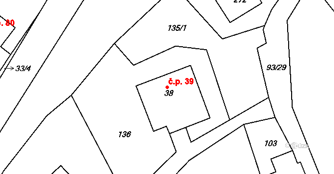 Kamenec u Poličky 39 na parcele st. 38 v KÚ Kamenec u Poličky, Katastrální mapa