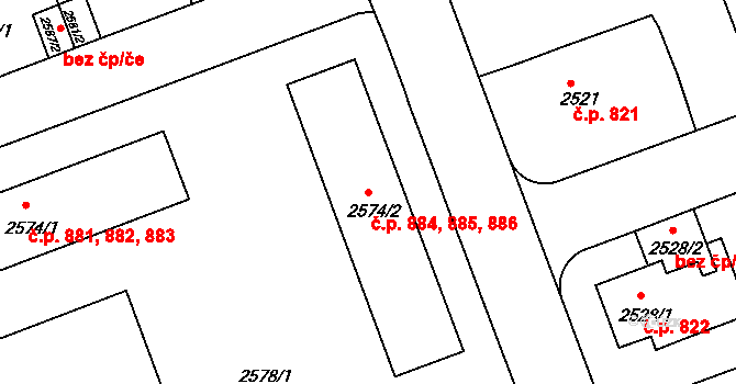 Hulín 884,885,886 na parcele st. 2574/2 v KÚ Hulín, Katastrální mapa