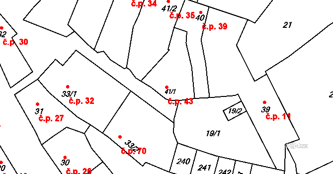 Tážaly 43, Kožušany-Tážaly na parcele st. 41/1 v KÚ Tážaly, Katastrální mapa
