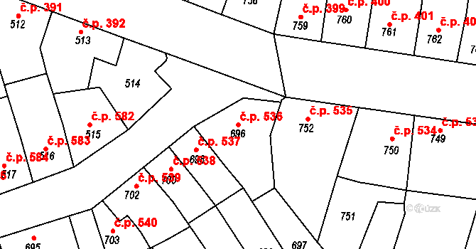 Roudnice nad Labem 536 na parcele st. 696 v KÚ Roudnice nad Labem, Katastrální mapa