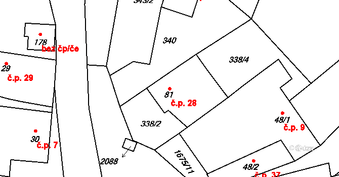 Mohuřice 28, Slavče na parcele st. 81 v KÚ Mohuřice, Katastrální mapa