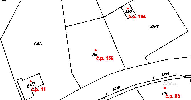 Vrbice 159, Bohumín na parcele st. 86 v KÚ Vrbice nad Odrou, Katastrální mapa