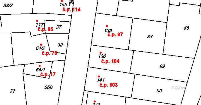 Nasobůrky 104, Litovel na parcele st. 136 v KÚ Nasobůrky, Katastrální mapa