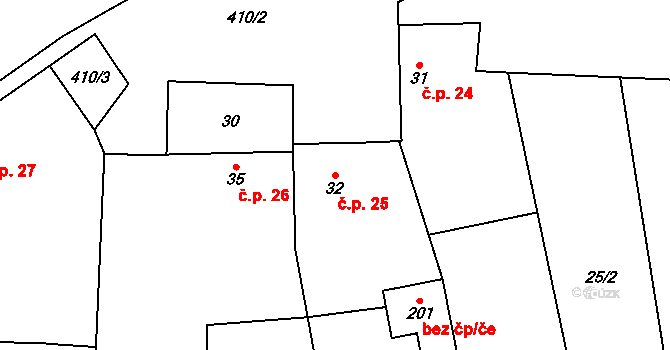 Spomyšl 25 na parcele st. 32 v KÚ Spomyšl, Katastrální mapa