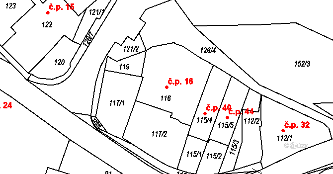 Nedvězí u Říčan 16, Praha na parcele st. 116 v KÚ Nedvězí u Říčan, Katastrální mapa