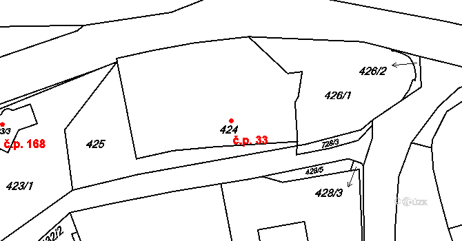Přední Kopanina 33, Praha na parcele st. 424 v KÚ Přední Kopanina, Katastrální mapa