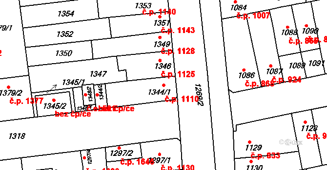 Šlapanice 1110 na parcele st. 1344/1 v KÚ Šlapanice u Brna, Katastrální mapa
