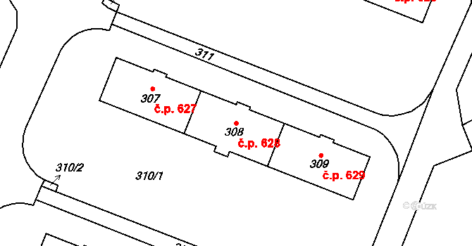 Šumbark 628, Havířov na parcele st. 308 v KÚ Šumbark, Katastrální mapa