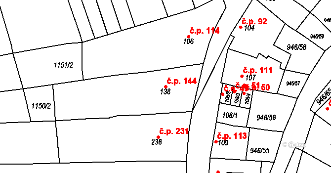 Čebín 144 na parcele st. 138 v KÚ Čebín, Katastrální mapa