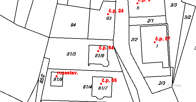 Milonice 64 na parcele st. 81/9 v KÚ Milonice u Lipůvky, Katastrální mapa