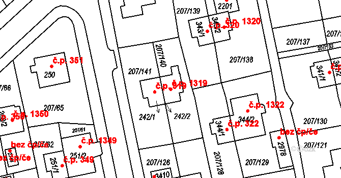 Sezimovo Ústí 1319 na parcele st. 242/2 v KÚ Sezimovo Ústí, Katastrální mapa