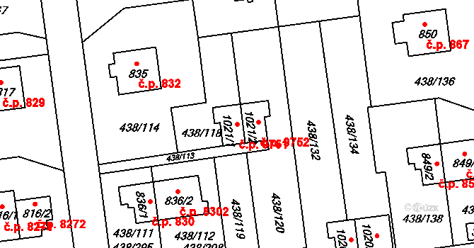 Otrokovice 9751 na parcele st. 1021/1 v KÚ Otrokovice, Katastrální mapa