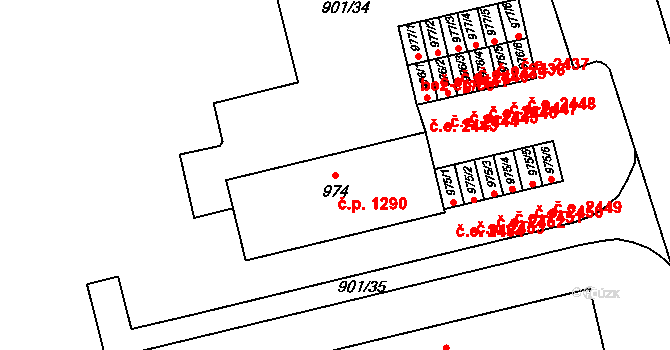 Malenovice 1290, Zlín na parcele st. 974 v KÚ Malenovice u Zlína, Katastrální mapa