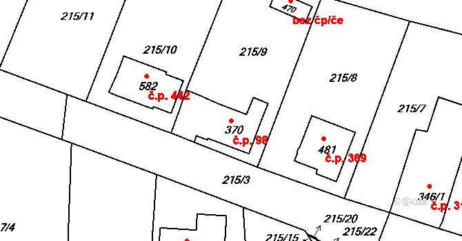 Byšice 98 na parcele st. 370 v KÚ Byšice, Katastrální mapa