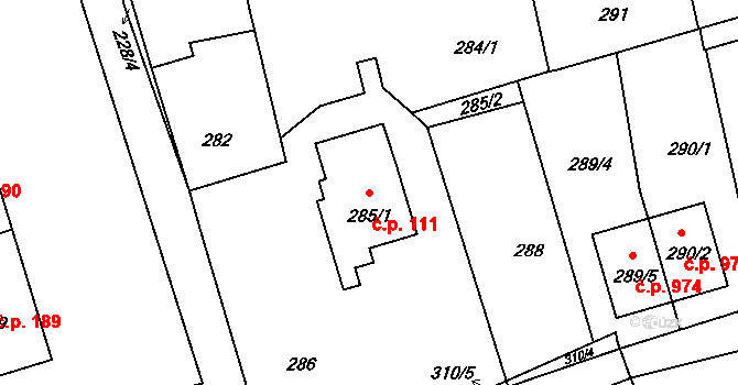 Průhonice 111 na parcele st. 285/1 v KÚ Průhonice, Katastrální mapa