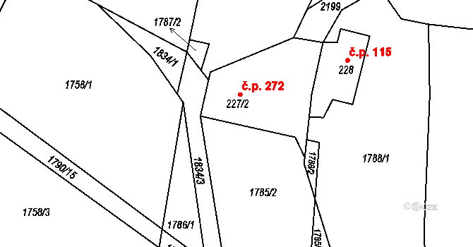 Hrabišín 272 na parcele st. 227/2 v KÚ Hrabišín, Katastrální mapa