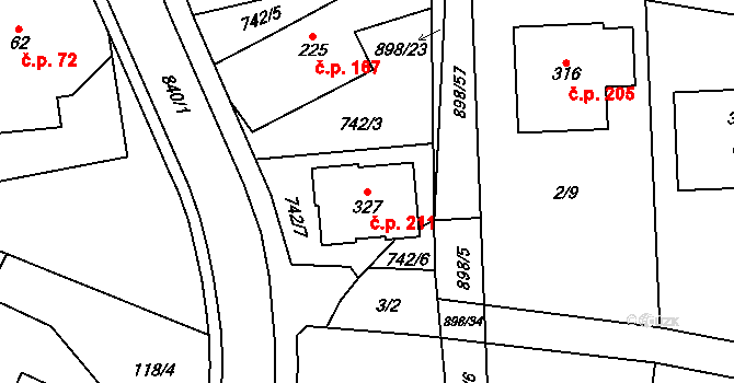 Tuněchody 211 na parcele st. 327 v KÚ Tuněchody, Katastrální mapa