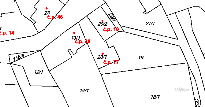 Henčov 77, Jihlava na parcele st. 20/1 v KÚ Henčov, Katastrální mapa
