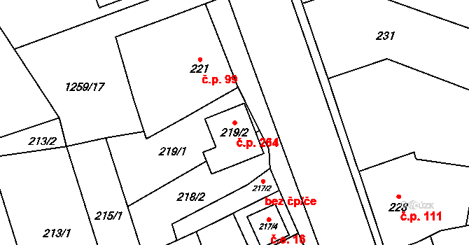 Malešovice 264 na parcele st. 219/2 v KÚ Malešovice, Katastrální mapa