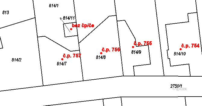 Dobruška 756 na parcele st. 814/8 v KÚ Dobruška, Katastrální mapa