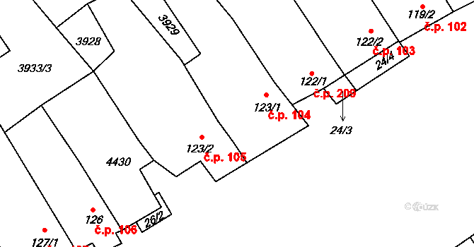 Brod nad Dyjí 104 na parcele st. 123/1 v KÚ Brod nad Dyjí, Katastrální mapa