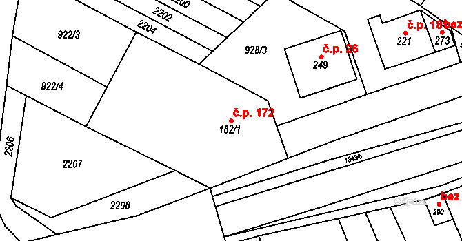 Jestřabice 172, Koryčany na parcele st. 182/1 v KÚ Jestřabice, Katastrální mapa